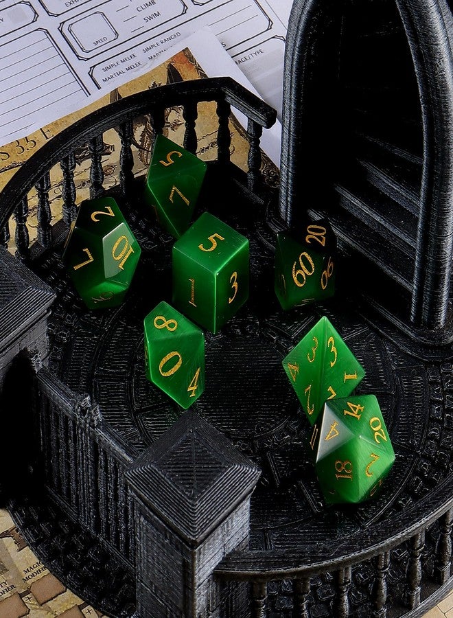 Febote 7-Piece Green Artificial Cat's Eye Crystal Polyhedral Dice Set for Dungeons & Dragons D&D RPG Tabletop Gaming - Sharp Edge Gemstone Dice with Storage Box - Image 4